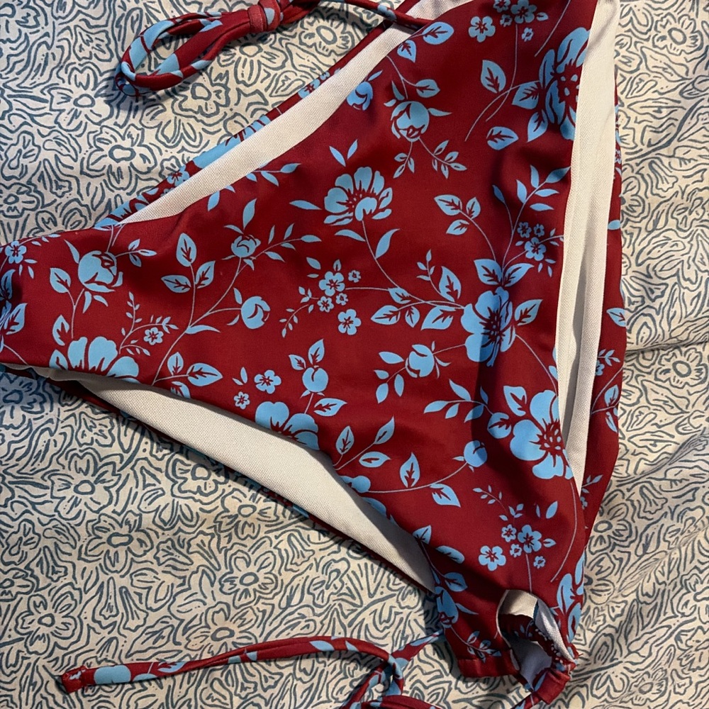 Red Floral Bikini Bottom with Light Blue Print